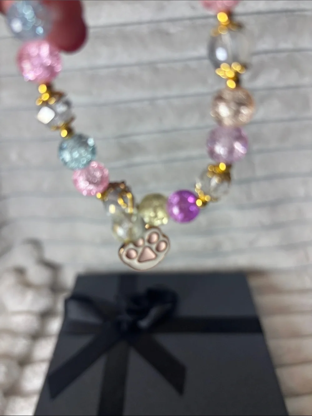 Multicolor Crackle Bead Paw Charm Bracelet